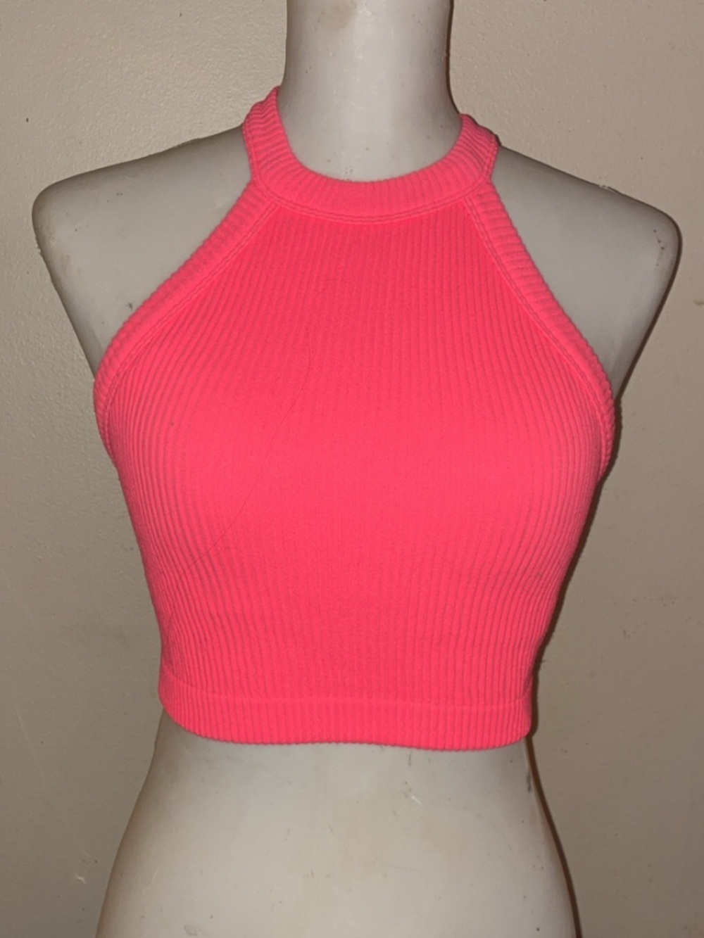 Aerie Neon Pink Ribbed High Neck Crop Tank XS